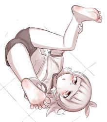 Rule 34 | 1girl, barefoot, blush, feet, fujiuri, long hair, looking at viewer, lying, monochrome, on back, original, parted lips, shirt, short twintails, shorts, soles, t-shirt, toes, twintails
