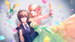 Rule 34 | 1boy, 1girl, armpits, bird, black jacket, blonde hair, blue eyes, blue neckwear, breasts, brother and sister, brown hair, cagalli yula athha, cleavage, cup, dress, evening gown, green dress, green ribbon, gundam, gundam seed, hand on another&#039;s shoulder, highres, holding, holding cup, jacket, kira yamato, layered dress, looking at viewer, medium breasts, necktie, nito minatsuki, open clothes, open jacket, open mouth, ribbon, short hair, siblings, sideboob, sleeveless, sleeveless dress, wrist ribbon, yellow eyes