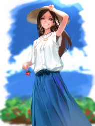 Rule 34 | 1girl, absurdres, arm up, bad id, bad pixiv id, blue skirt, blurry, blurry background, blush, brown eyes, brown hair, commentary request, feet out of frame, food, fruit, grin, hand on headwear, hat, highres, holding, holding food, holding fruit, jewelry, long hair, long skirt, looking at viewer, macaroni tamago, necklace, original, outdoors, parted bangs, shirt, short sleeves, skirt, sky, smile, solo, standing, straw hat, strawberry, white shirt, wind