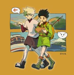 Rule 34 | 2boys, backpack, bag, black footwear, black hair, blue eyes, blush, boat, boots, brown shorts, chinese commentary, commentary request, gon freecss, green footwear, green jacket, green shorts, highres, hunter x hunter, jacket, killua zoldyck, layered sleeves, long sleeves, male focus, mountain, multiple boys, ocean, open mouth, red eyes, red shirt, shao ziye, shirt, short over long sleeves, short sleeves, shorts, simple background, spiked hair, spoken symbol, twitter username, undershirt, watercraft, white hair, white shirt, yellow background