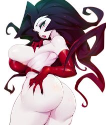 Rule 34 | 1girl, ass, black hair, breasts, cartoon network, elbow gloves, gloves, green eyes, highres, large breasts, lips, long hair, looking at viewer, mole, mole under eye, open mouth, pale skin, powerpuff girls, red gloves, sedusa, slugbox, solo, sweat, thighs