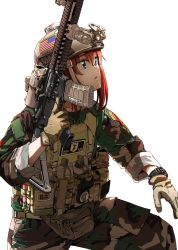 Rule 34 | american flag, assault rifle, blood type, blue eyes, camofla, camouflage, commission, gloves, gun, helmet, highres, load bearing vest, military, night vision, patch, red hair, rifle, shino (r shughart), united states marine corps, weapon