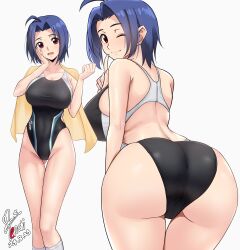 Rule 34 | 1girl, absurdres, ahoge, ass, black one-piece swimsuit, blue hair, breasts, closed mouth, clothing cutout, collarbone, commission, competition swimsuit, dated, finger to mouth, from behind, gluteal fold, hand on own face, highleg, highleg one-piece swimsuit, highres, idolmaster, large breasts, looking back, miura azusa, multiple views, one-piece swimsuit, one eye closed, open mouth, pixiv commission, red eyes, short hair, shushing, side cutout, signature, simple background, smile, socks, solo, standing, swimsuit, thigh gap, thighs, towel, towel around neck, white background, white socks, yoo tenchi