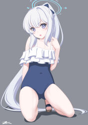 Rule 34 | 1girl, blue archive, blue halo, blush, full body, grey background, grey hair, halo, highres, long hair, looking at viewer, miyako (blue archive), miyako (swimsuit) (blue archive), official alternate costume, open mouth, purple eyes, signature, simple background, solo, t2r