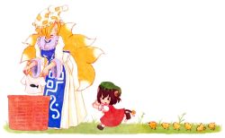 Rule 34 | . ., 2girls, :o, animal ears, basket, bird, blonde hair, bow, brown hair, cat ears, cat girl, cat tail, chen, chick, child, colored pencil (medium), dress, earrings, female focus, fox tail, grass, hat, jewelry, laundry, mixed media, multiple girls, multiple tails, nekomata, open mouth, red dress, ribbon, running, shirt, short hair, simple background, single earring, tabard, tail, tail ornament, tail ribbon, terrajin, touhou, traditional media, white background, white dress, yakumo ran, yellow eyes