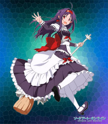 Rule 34 | 10s, 1girl, absurdres, copyright name, hair ornament, highres, long hair, maid, maximilian-destroyer, official style, open mouth, purple hair, red eyes, solo, sword art online, white legwear, yuuki (sao)