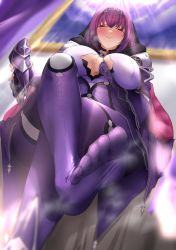 Rule 34 | 1girl, absurdres, blush, bodysuit, breasts, crossed legs, fate/grand order, fate (series), feet, from below, half-closed eyes, highres, holding, holding shoes, large breasts, long hair, looking at viewer, looking down, parted lips, purple hair, red eyes, scathach (fate), scathach skadi (fate), see-through, see-through legwear, shoes, unworn shoes, single shoe, sitting, smile, soles, steam, toes
