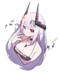 Rule 34 | 1girl, absurdres, arknights, arm under breasts, bare shoulders, beudelb, black choker, breast hold, breasts, choker, cleavage, closed mouth, collarbone, cropped torso, flower, from above, hair flower, hair ornament, hand up, highres, jewelry, large breasts, long hair, looking at viewer, looking up, mudrock (arknights), mudrock (silent night) (arknights), necklace, official alternate costume, pointy ears, red eyes, silver hair, simple background, solo, very long hair, white background, yellow flower