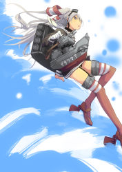 Rule 34 | 10s, 1girl, amatsukaze (kancolle), dress, fu-ta, garter straps, gloves, gradient background, hat, kantai collection, looking at viewer, mini hat, open mouth, red thighhighs, rensouhou-kun, sailor dress, school uniform, serafuku, short dress, silver hair, single glove, solo, thighhighs, twintails, two side up, white gloves, zettai ryouiki