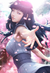 Rule 34 | 1girl, armpits, ass, blue eyes, blunt bangs, blurry, day, depth of field, from behind, from side, highres, hime cut, hyuuga hinata, lips, long hair, naruto: the last, naruto (series), outdoors, outstretched hand, purple hair, realistic, solo, standing, stanley lau