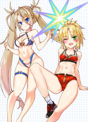 Rule 34 | 2girls, :d, bikini, blonde hair, blue bikini, blue eyes, blush, bradamante (fate), breasts, cameltoe, cleavage, fate/grand order, fate (series), fishnet top, fishnets, gluteal fold, green eyes, grid background, highres, jin young-in, large breasts, long hair, looking at viewer, mordred (fate), mordred (fate/apocrypha), multiple girls, navel, one eye closed, open mouth, red bikini, shoes, short hair, short ponytail, sitting, small breasts, smile, sneakers, socks, standing, sweatdrop, swimsuit, thigh strap, twintails, two-tone bikini, very long hair, white bikini, white legwear
