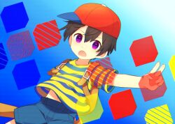 Rule 34 | 0mzum1, 1boy, backpack, bag, baseball bat, baseball cap, black hair, blue background, blue shirt, blue shorts, blush, brown bag, commentary request, cube, gradient background, hair between eyes, hat, holding, holding baseball bat, looking at viewer, male focus, mother (game), mother 2, ness (mother 2), nintendo, open mouth, outstretched arm, purple eyes, red hat, shirt, short hair, short sleeves, shorts, sideways hat, simple background, solo, striped clothes, striped shirt, t-shirt, two-tone shirt, v-shaped eyebrows, yellow shirt