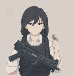 Rule 34 | 1girl, black eyes, black hair, bulletproof vest, closed mouth, collarbone, collared shirt, commentary request, etmc1992, gun, h&amp;k ump, h&amp;k ump, highres, holding, holding lighter, lighter, long hair, looking at viewer, original, shirt, sleeves rolled up, solo, tactical clothes, weapon, white shirt