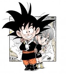 Rule 34 | 1boy, 1girl, :d, bare arms, bare shoulders, belt, black dress, black eyes, black footwear, black hair, black shirt, boots, bracelet, breasts, building, bulma, capsule corp, chibi, cloud, cloudy sky, commentary request, crossed arms, dragon ball, dragon ball (classic), dress, earrings, eyelashes, fenyon, fingernails, full body, grey eyes, grey hair, hair between eyes, happy, jewelry, looking at viewer, looking away, medium breasts, nail polish, open mouth, outdoors, palm tree, red lips, red nails, shadow, shirt, short hair, sky, sleeveless, sleeveless dress, smile, son goku, spiked hair, standing, traditional clothes, tree, twitter username, v, yellow footwear