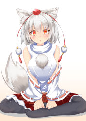 Rule 34 | 1girl, animal ears, bare shoulders, black pantyhose, blush, breasts, commentary, commentary request, detached sleeves, gradient background, hat, inubashiri momiji, large breasts, looking at viewer, medium skirt, open mouth, pantyhose, pom pom (clothes), red eyes, red skirt, ribbon-trimmed sleeves, ribbon trim, rururiaru, shirt, short hair, silver hair, sitting, skirt, sleeveless, sleeveless shirt, solo, tail, tokin hat, touhou, turtleneck, white shirt, wide sleeves, wolf ears, wolf tail