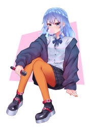 Rule 34 | 1girl, absurdres, black footwear, blue bow, blue bowtie, blue eyes, blue hair, blue jacket, blue skirt, bow, bowtie, blowing bubbles, chewing gum, collared shirt, full body, highres, holding, holding microphone, hololive, hoshimachi suisei, hoshimachi suisei (streetwear), invisible chair, jacket, knees together feet apart, long hair, looking at viewer, microphone, nail polish, open clothes, open jacket, orange nails, orange pantyhose, pantyhose, plaid, plaid skirt, shirt, shoes, sitting, skirt, solo, star (symbol), star in eye, symbol in eye, virtual youtuber, white shirt, yumesphere