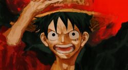 Rule 34 | 1boy, adjusting clothes, adjusting headwear, black cape, black eyes, black hair, cape, coat, fighting stance, frown, hat, highres, male focus, monkey d. luffy, nmiyyt, one piece, open mouth, portrait, red shirt, scar, scar on face, shirt, short hair, solo, spiked hair, straw hat, teeth