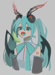Rule 34 | 1girl, aqua bow, aqua bowtie, aqua eyes, aqua hair, aqua necktie, arthropod girl, arthropod limbs, azolitmin, bare shoulders, bow, bowtie, breasts, commentary, cropped torso, detached sleeves, eating, english commentary, extra eyes, food, fruit, grey background, grey shirt, grey sleeves, hair between eyes, hatsune miku, highres, holding, holding food, holding fruit, insect girl, long hair, moth antennae, moth girl, necktie, number tattoo, open mouth, sharp teeth, shirt, simple background, sleeveless, sleeveless shirt, small breasts, solo, tattoo, teeth, twintails, upper body, vocaloid