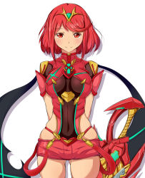 Rule 34 | 1girl, arms behind back, blush, bodysuit, breasts, cleavage, cowboy shot, gluteal fold, looking at viewer, nintendo, pink hair, pyra (xenoblade), red eyes, shadow, short hair, short shorts, short sleeves, shorts, shoulder pads, smile, solo, standing, thighs, tiara, weapon, white background, xenoblade chronicles (series), xenoblade chronicles 2