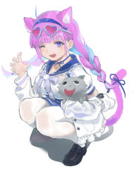 Rule 34 | 1girl, ;d, absurdres, ahoge, anchor hair ornament, anchor symbol, animal ear fluff, animal ears, black footwear, blue eyes, blue hair, blue hairband, blue nails, blue ribbon, blue sailor collar, blue skirt, blush, bow, braid, breasts, cat, cat ears, cat girl, cat tail, choker, commentary request, emblem, eyebrows hidden by hair, eyewear on head, frilled jacket, frills, full body, grey-framed eyewear, hair ornament, hairband, heart, heart-shaped eyewear, highres, holding, hololive, jacket, jing (0155498), large breasts, loafers, long hair, long sleeves, looking at viewer, minato aqua, minato aqua (sailor), miniskirt, multicolored eyes, multicolored hair, nail polish, neko (minato aqua), off shoulder, one eye closed, open clothes, open jacket, open mouth, pantyhose, paw pose, pink-tinted eyewear, pleated skirt, puffy short sleeves, puffy sleeves, purple eyes, purple hair, ribbon, ribbon choker, ringed eyes, sailor collar, see-through, shirt, shirt tucked in, shoes, short sleeves, sidelocks, simple background, skirt, smile, solo, solo focus, squatting, sunglasses, tail, tail ornament, tail ribbon, tinted eyewear, twin braids, twintails, two-tone hair, virtual youtuber, white background, white jacket, white pantyhose, white shirt