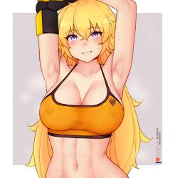 Rule 34 | 1girl, armpits, arms up, artist name, blonde hair, bluefield, blush, breasts, cleavage, collarbone, covered erect nipples, highres, large breasts, long hair, looking at viewer, navel, prosthesis, prosthetic arm, purple eyes, rwby, smile, solo, sports bra, stomach, sweat, yang xiao long