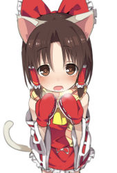 Rule 34 | 1girl, animal ears, benikurage (cookie), benjamin button suukina jinsei, blurry, blush, bow, brown hair, cat ears, cat tail, collar, cookie (touhou), depth of field, detached sleeves, frilled collar, frilled shirt collar, frills, hair bow, hair tubes, hakurei reimu, looking at viewer, mittens, open mouth, paw-shaped pupils, red bow, red mittens, ribbon-trimmed sleeves, ribbon trim, scarf, short hair, simple background, skirt, solo, symbol-shaped pupils, tail, touhou, wide sleeves