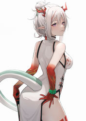 Rule 34 | 1girl, absurdres, arknights, bare shoulders, bead bracelet, beads, blush, bracelet, breasts, china dress, chinese clothes, commentary, cowboy shot, dragon girl, dragon horns, dragon tail, dress, from behind, hair bun, highres, holding, horns, jewelry, leaning forward, looking at viewer, looking back, medium breasts, multicolored hair, nian (arknights), nian (unfettered freedom) (arknights), official alternate costume, parted lips, pelvic curtain, purple eyes, red hair, short hair, silver hair, single hair bun, sleeveless, sleeveless dress, smile, solo, streaked hair, symbol-only commentary, tail, two-tone hair, white dress, ying jing meng
