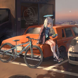 Rule 34 | 1girl, absurdres, animal ear fluff, animal ears, bicycle, black footwear, black jacket, black skirt, blue archive, blue eyes, blue scarf, car, closed mouth, cross, cross hair ornament, extra ears, geng99161, grey hair, hair ornament, halo, highres, inverted cross, jacket, long sleeves, miniskirt, motor vehicle, open clothes, open jacket, pleated skirt, pouring, pouring onto self, scarf, school uniform, shiroko (blue archive), short hair, sitting, skirt, solo, wolf ears