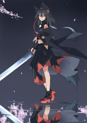 Rule 34 | 1girl, absurdres, ahoge, alternate color, animal ears, bare shoulders, black gloves, black hair, black shirt, black skirt, black sleeves, black socks, breasts, closed mouth, commentary request, detached sleeves, fingerless gloves, full body, gloves, hat, highres, holding, holding sword, holding weapon, inubashiri momiji, kakaricho dairi, long hair, looking at viewer, medium breasts, microphone, multicolored clothes, multicolored skirt, orange eyes, pom pom (clothes), red footwear, red skirt, reflection, reflective water, ripples, sandals, shirt, skirt, sleeveless, sleeveless shirt, smile, socks, solo, standing, sword, tail, tokin hat, touhou, weapon, wolf ears, wolf girl, wolf tail, zouri