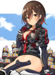 Rule 34 | 1girl, absurdres, android, black legwear, blue sky, blush, breasts, brown hair, camouflage, camouflage jacket, cleavage, closed mouth, cloud, cloudy sky, commentary, eyes visible through hair, finger to mouth, gradient hair, grey jacket, hair between eyes, highres, hololive, index finger raised, jacket, knees together feet apart, looking at viewer, mechanical arms, medium breasts, midriff, multicolored hair, navel, partially unzipped, red hair, roboco-san, roboco-san (1st costume), robosaa (roboco), satobitob, short hair, simple background, sitting, sky, smile, solo, strap, thighs, two-tone hair, virtual youtuber, white background, yellow eyes