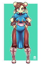 Rule 34 | 1girl, artist name, blue dress, blush, blush stickers, boots, bracelet, breasts, brown pantyhose, bun cover, capcom, china dress, chinese clothes, chun-li, cross-laced footwear, double bun, dress, earrings, full body, hair bun, hands on own hips, highres, jewelry, kenron toqueen, knee boots, pantyhose, pelvic curtain, puffy short sleeves, puffy sleeves, sash, short sleeves, solo, spiked bracelet, spikes, street fighter, striped, striped background, stud earrings, white footwear