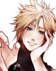 Rule 34 | 1boy, artist name, blonde hair, blue eyes, blurry, blurry foreground, blush, cloud strife, final fantasy, final fantasy vii, final fantasy vii remake, hair between eyes, head on hand, highres, looking at viewer, male focus, outstretched hand, parted bangs, short hair, sleeveless, sleeveless turtleneck, smile, solo, spiked hair, turtleneck, upper body, white background, yco 030601