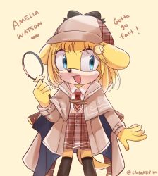 Rule 34 | 1girl, :d, animal ears, animal nose, arm up, artist name, black thighhighs, blonde hair, blue eyes, brown coat, brown skirt, capelet, character name, coat, collared shirt, commentary, deerstalker, dog ears, dog girl, dog tail, english commentary, english text, furrification, furry, furry female, hair ornament, hat, highres, holding, holding magnifying glass, hololive, hololive english, long sleeves, lunaerim, magnifying glass, necktie, open mouth, plaid, plaid skirt, pleated skirt, red necktie, shirt, shirt tucked in, short hair, sideways glance, simple background, skirt, smile, solo, sonic (series), tail, thighhighs, twitter username, virtual youtuber, watson amelia, white shirt, yellow background, yellow fur