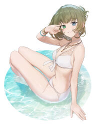 1girl armband bare_shoulders bikini blue_eyes breasts character_signature collarbone front-tie_bikini_top front-tie_top full_body green_eyes green_hair heterochromia highres idolmaster idolmaster_cinderella_girls jewelry looking_at_viewer medium_breasts mole mole_under_eye necklace okeno_kamoku partially_submerged short_hair sitting solo swimsuit takagaki_kaede thighs white_bikini