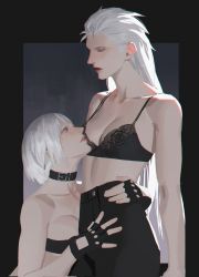 Rule 34 | 2girls, bare shoulders, blue eyes, bra, capcom, choker, dante (devil may cry), devil may cry (series), fingerless gloves, gender request, genderswap, gloves, highres, hug, implied yuri, incest, lace, lace-trimmed bra, lace trim, long hair, midriff, multiple girls, pale skin, short hair, siblings, simple background, strapless, tube top, underwear, vergil (devil may cry), white hair, yaoyao794