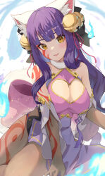 Rule 34 | 1girl, absurdres, animal ear fluff, animal ears, back bow, bare shoulders, bell, blue fire, blunt bangs, body markings, bow, breasts, brown pantyhose, china dress, chinese clothes, cleavage, cleavage cutout, clothing cutout, collarbone, daji (monster strike), dress, elbow gloves, facial mark, fire, fox ears, fox girl, fox tail, fur collar, gloves, gold trim, hair bell, hair ornament, hair ribbon, head tilt, heart cutout, highres, huge bow, jingle bell, kuronyan9630, large breasts, leaning to the side, light blush, long hair, looking at viewer, monster strike, pantyhose, parted lips, pink ribbon, purple hair, ribbon, see-through gloves, sitting, sleeveless, sleeveless dress, smile, solo, tail, two-tone dress, yellow eyes