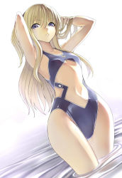 Rule 34 | 1girl, armpits, arms up, blonde hair, blue eyes, blue one-piece swimsuit, collarbone, tucking hair, hakaba (dairiseki), long hair, one-piece swimsuit, parted lips, quiz magic academy, shalon, simple background, soaking feet, solo, swimsuit, wading, water, wide hips