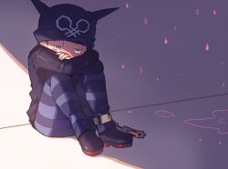 Rule 34 | 1boy, animal ear headwear, animal ears, arms on knees, beanie, black footwear, black hat, black jacket, black pants, black sleeves, blood, blue pants, blush stickers, boots, brown hair, cat ears, chain, covered mouth, crossed arms, cuffs, curled up, danganronpa (series), danganronpa v3: killing harmony, fake animal ears, fingernails, full body, grey background, grey eyes, half-closed eyes, hat, hoshi ryoma, jacket, knees up, kogarashi 8, leather, leather jacket, long sleeves, male focus, mixed-language commentary, pants, pink blood, prison clothes, puddle, rain, raining blood, shackles, short hair, simple background, solo, striped clothes, striped pants, tearing up, two-tone background, two-tone pants, very short hair, white background