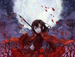 Rule 34 | 1girl, bad id, bad pixiv id, brown hair, cape, cross, eveshut, flower, forest, holding, moon, nature, night, petals, purple eyes, rose petals, ruby rose, rwby, short hair, skirt, solo, tree, weapon