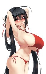 Rule 34 | 1girl, absurdres, ahoge, armpits, arms behind back, arms up, ass, azur lane, bikini, black hair, blush, breasts, commentary request, highres, huge ahoge, huge breasts, long hair, looking at viewer, red bikini, sideboob, simple background, smile, solo, strap gap, sub-res, swimsuit, taihou (azur lane), thighs, underboob, very long hair, white background
