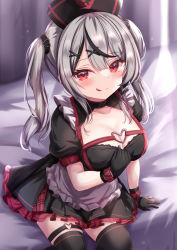 Rule 34 | 1girl, :q, black dress, black gloves, black hair, black hat, black thighhighs, blush, breasts, cleavage, dress, gloves, grey hair, hair ornament, hat, highres, hololive, large breasts, long hair, looking at viewer, multicolored hair, nurse cap, on bed, puffy short sleeves, puffy sleeves, red eyes, sakamata chloe, short sleeves, sitting, solo, streaked hair, thighhighs, tongue, tongue out, twintails, virtual youtuber, x hair ornament, yuano