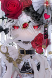 Rule 34 | 1girl, absurdres, black nails, card, choker, earrings, fingernails, flower, hair flower, hair ornament, highres, jewelry, katoumio, looking at viewer, nail polish, open mouth, original, red eyes, rose, scissors, short hair, slit pupils, solo