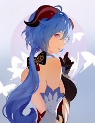 Rule 34 | ahoge, artist name, bare back, black gloves, blue hair, closed mouth, commentary, detached sleeves, english commentary, eyebrows, from behind, ganyu (genshin impact), genshin impact, gloves, horns, long hair, looking at viewer, pink eyes, red horns, sidelocks, smile, yueko (jiayue wu)