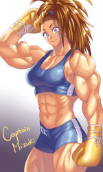Rule 34 | 1girl, abs, boxing gloves, breasts, captain mizuki, highres, muscular, muscular female, one-punch man, shorts, solo