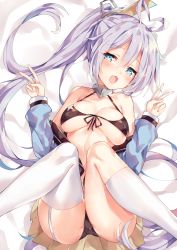 Rule 34 | 1girl, :d, ahoge, ass, asymmetrical legwear, azur lane, bare shoulders, bed sheet, bikini, black bikini, blue eyes, blue shirt, blush, breasts, cleavage, double v, feet out of frame, front-tie bikini top, front-tie top, garter straps, hair ornament, halterneck, hands up, heart, heart-shaped pupils, heart ahoge, highres, kneehighs, knees up, large breasts, long hair, looking at viewer, lying, miniskirt, mismatched legwear, off shoulder, on back, open mouth, pleated skirt, ponytail, portland (azur lane), retrofit (azur lane), shirt, silver hair, skirt, smile, socks, solo, swimsuit, symbol-shaped pupils, thighhighs, thighs, unacchi (nyusankin), underwear, v, very long hair, white socks