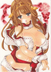 Rule 34 | 10s, 1girl, absurdres, antennae, breasts, brown hair, collarbone, commentary request, gift wrapping, grey eyes, happy valentine, head grab, highres, kantai collection, kongou (kancolle), large breasts, long hair, marker (medium), naked ribbon, navel, open mouth, ribbon, solo, traditional media, valentine, yurun