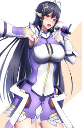 Rule 34 | 1girl, antenna hair, black hair, blush, breasts, dress, earrings, elbow gloves, gloves, hair ornament, holding, holding microphone, jewelry, kamokatatsumuri, katori (pso2), large breasts, long hair, looking at viewer, microphone, mole, mole under eye, open mouth, outstretched arm, partially fingerless gloves, phantasy star, phantasy star online 2, pointy ears, purple gloves, red eyes, short dress, sleeveless, sleeveless dress, solo