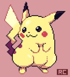 Rule 34 | :3, artsy-rc, closed mouth, commentary, creatures (company), english commentary, full body, game freak, gen 1 pokemon, highres, nintendo, no humans, pikachu, pink background, pixel art, pixelated, pokemon, pokemon (creature), signature, simple background, smile, solo