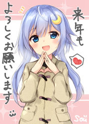 Rule 34 | 1girl, :d, alternate costume, artist name, blue eyes, blush, coat, commentary request, crescent, crescent hair ornament, hair between eyes, hair ornament, heart, jewelry, kantai collection, long hair, long sleeves, new year, open mouth, out of character, purple hair, ring, smile, solo, sou (soutennkouchi), spoken heart, steepled fingers, wedding band, yayoi (kancolle)