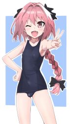 Rule 34 | 1boy, armpits, astolfo (fate), black one-piece swimsuit, blue background, braid, bulge, cowboy shot, crossdressing, fang, fate/apocrypha, fate/grand order, fate (series), flat chest, foreshortening, hair intakes, hand on own hip, highres, long braid, long hair, looking at viewer, male focus, one-piece swimsuit, one eye closed, open mouth, outline, pink hair, purple eyes, school swimsuit, single braid, smile, solo, standing, sutora binsuke, swimsuit, trap, two-tone background, v, very long hair, white background, white outline